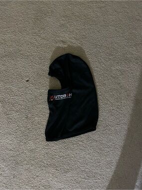Black Racing Balaclava ski mask with red and white wording printed on